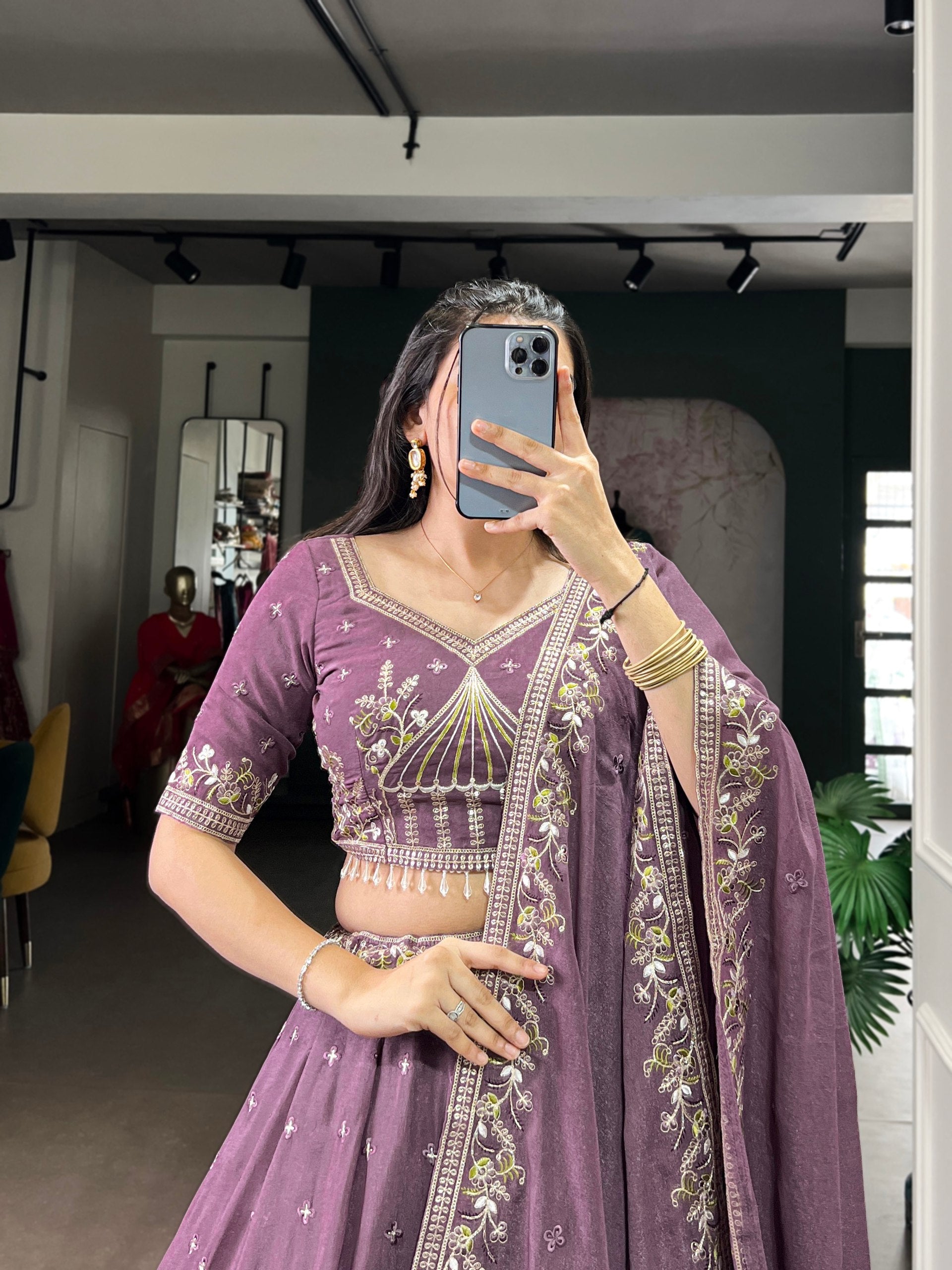 CHOCOLATE CRUSH SEQUENCE AND THREAD EMBROIDERY WORK LEHENGA CHOLI