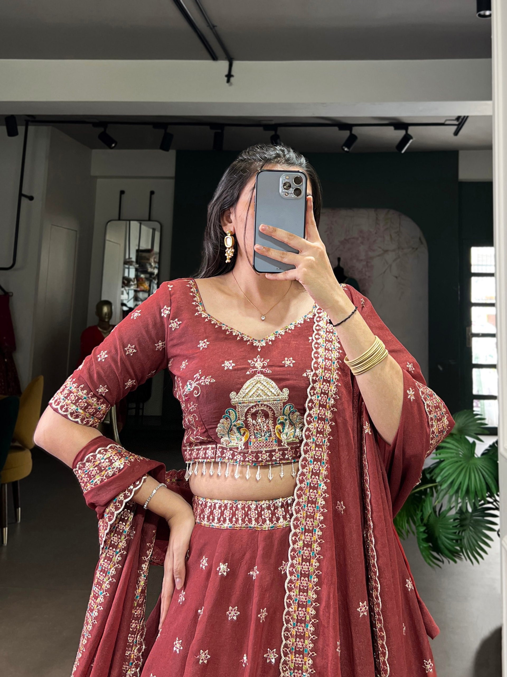 CHOCOLATE CRUSH SEQUENCE AND THREAD EMBROIDERY WORK LEHENGA CHOLI