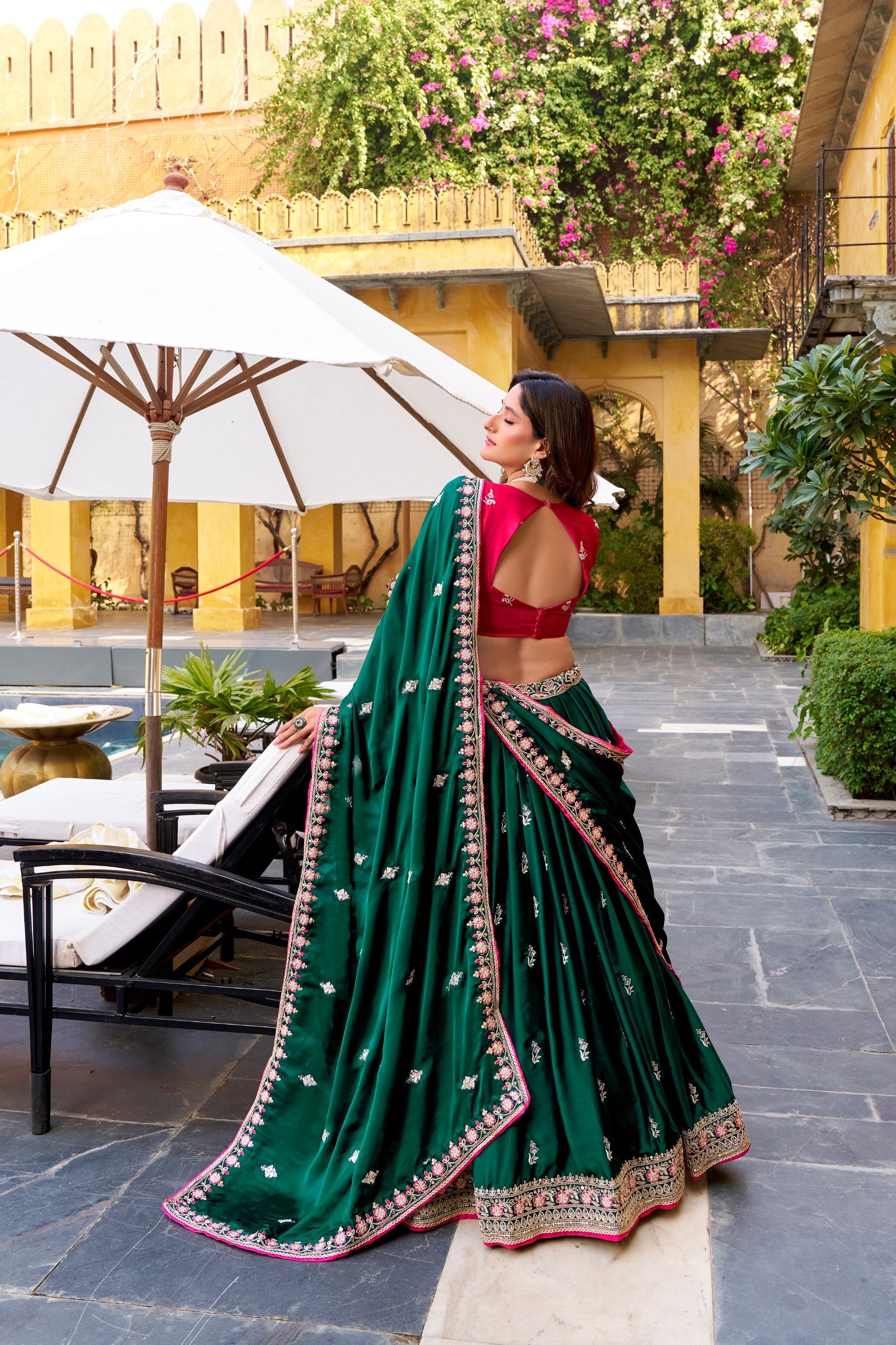 Green Silk Satin Sequins Work Lehenga Choli