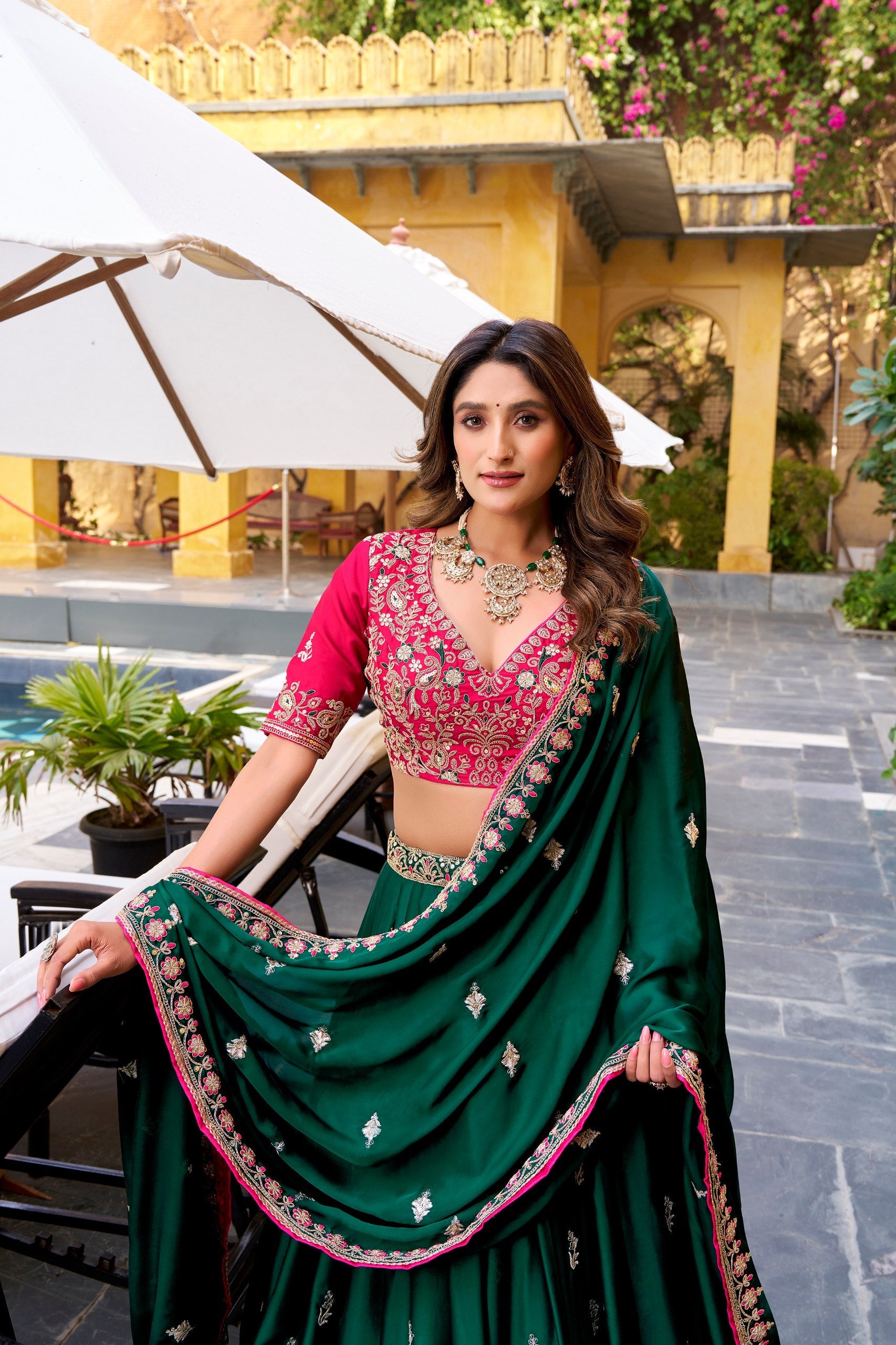 Green Silk Satin Sequins Work Lehenga Choli
