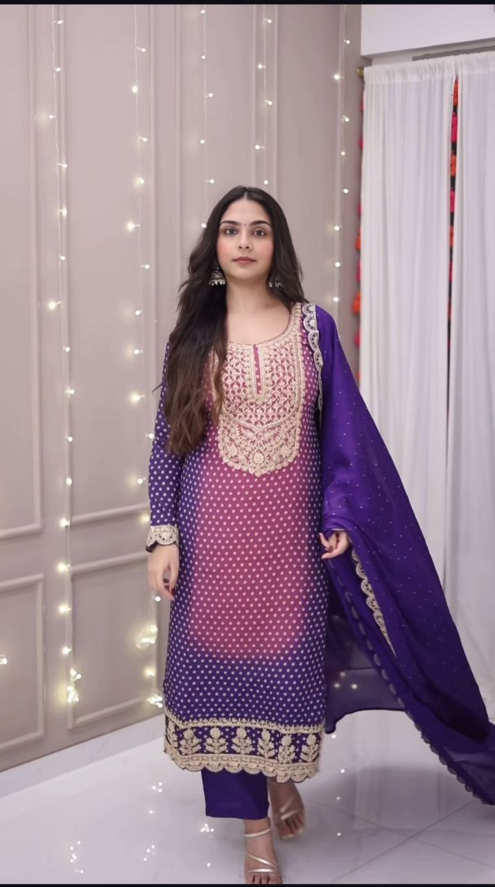 Women Bandhani Printed Regular Kurta with Trousers & With Dupatta