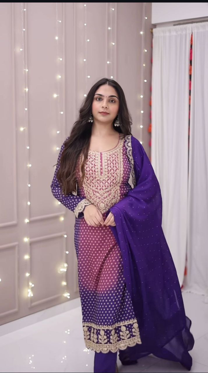 Women Bandhani Printed Regular Kurta with Trousers & With Dupatta
