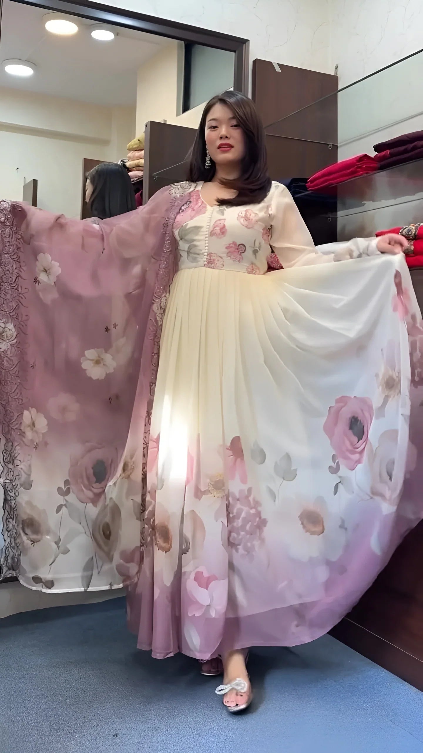 Elegant Pastel Floral Anarkali Gown With Matching Dupatta And Pant