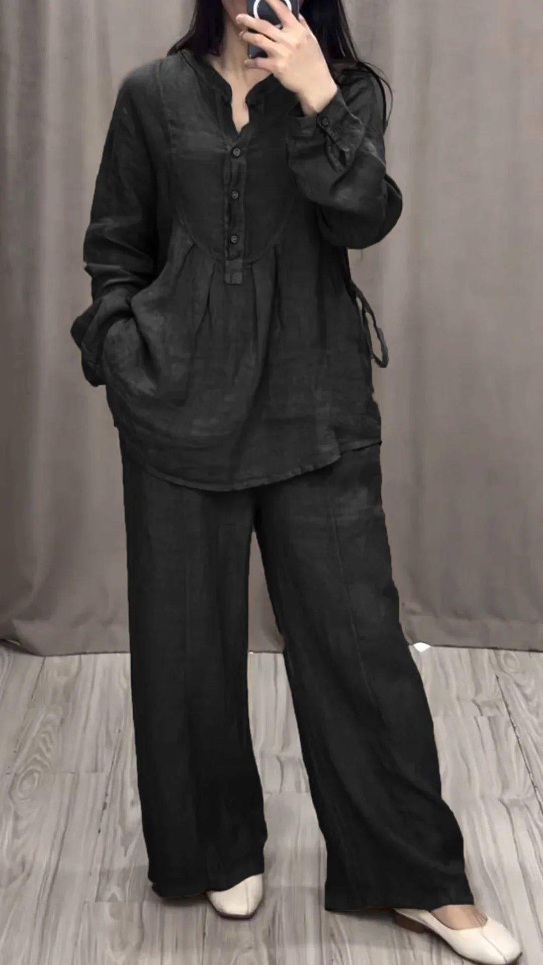 Women Cotton V-neck Two-piece Suit