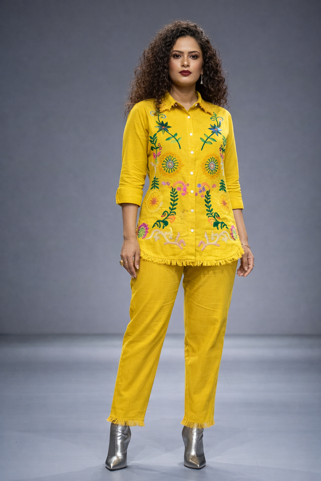 Yellow Cotton Embroidered Co-Ord Set