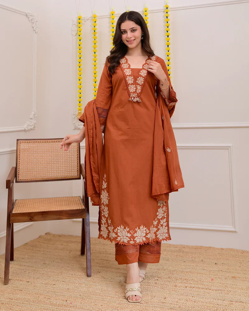 Brown Rose Embroidered Work Cotton Suit