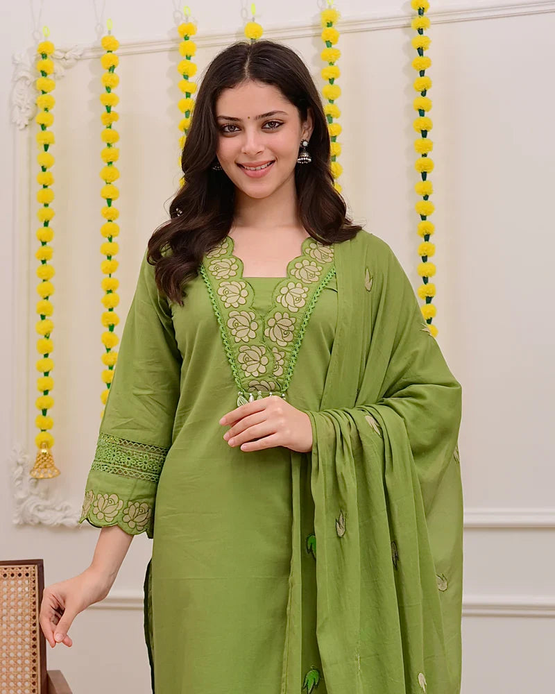 Green Rose Embroidered Work Cotton Suit