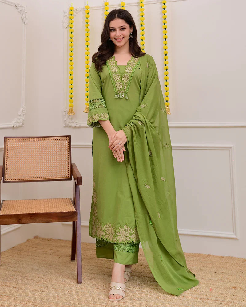 Green Rose Embroidered Work Cotton Suit