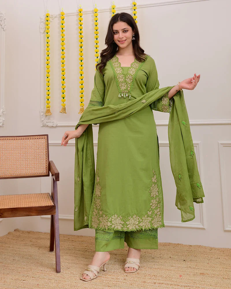 Green Rose Embroidered Work Cotton Suit
