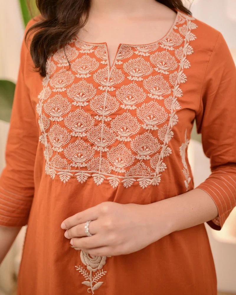 Rust Orange Cotton Threadwork Suit Set