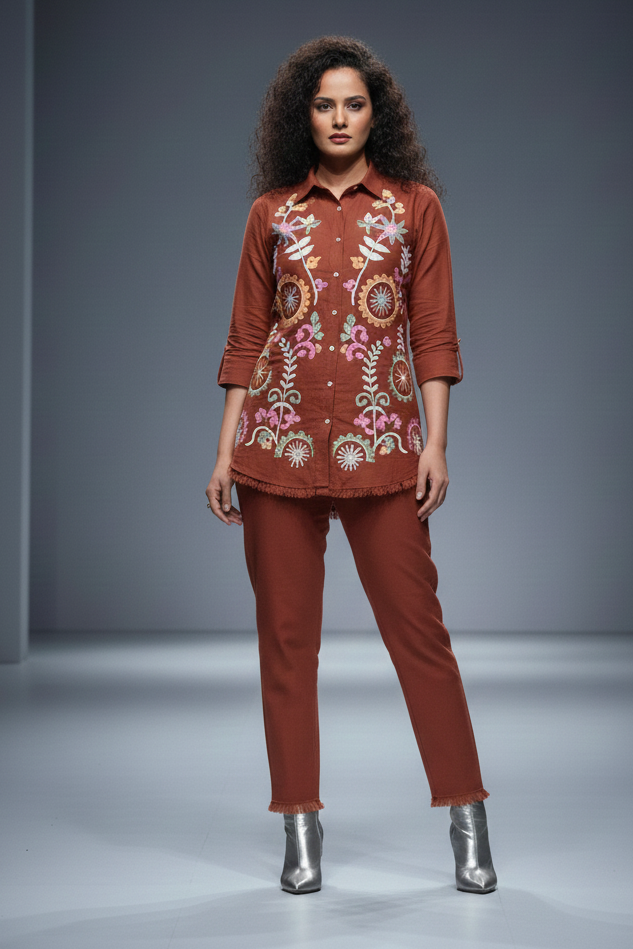 Brown Cotton Embroidered Co-Ord Set