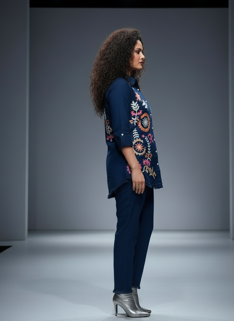 Blue Cotton Embroidered Co-Ord Set