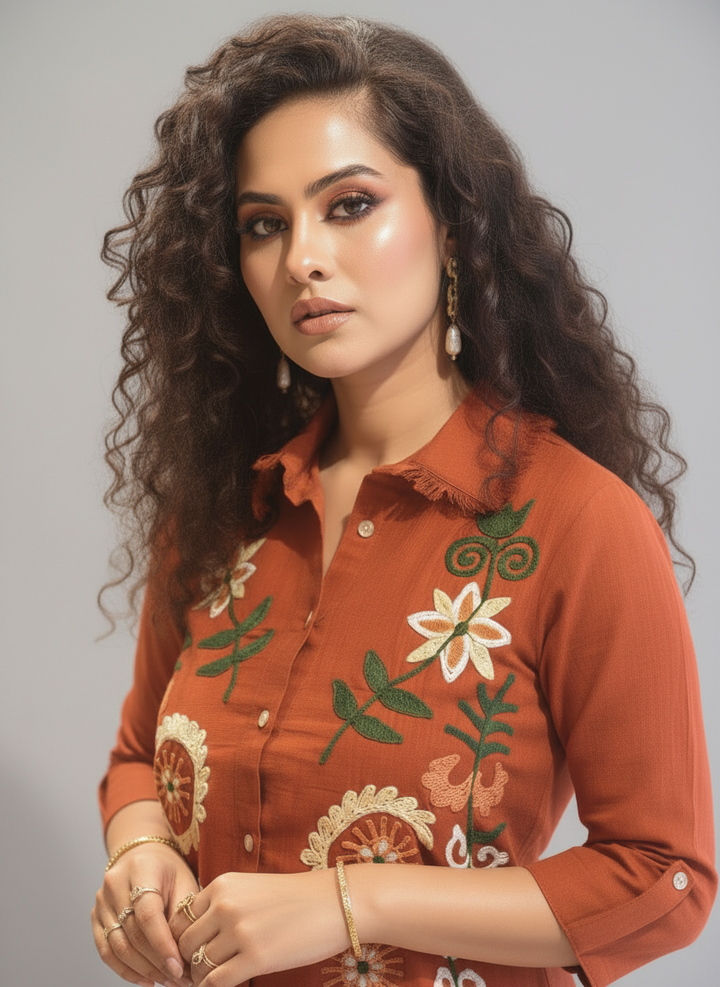 Brown Cotton Embroidered Co-Ord Set