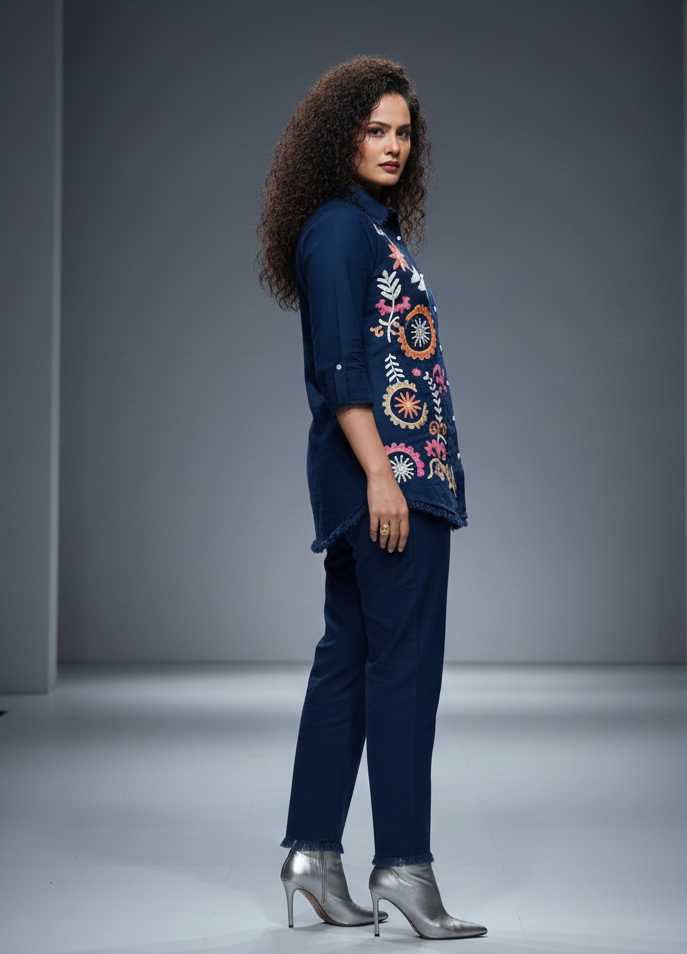 Blue Cotton Embroidered Co-Ord Set
