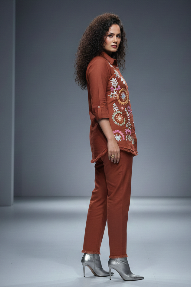 Brown Cotton Embroidered Co-Ord Set