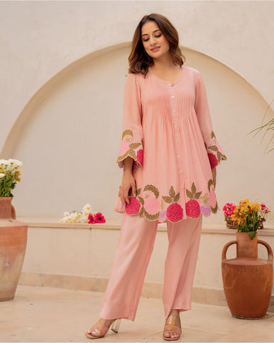 Peach Blossom Mul Chanderi Festive Co-ord