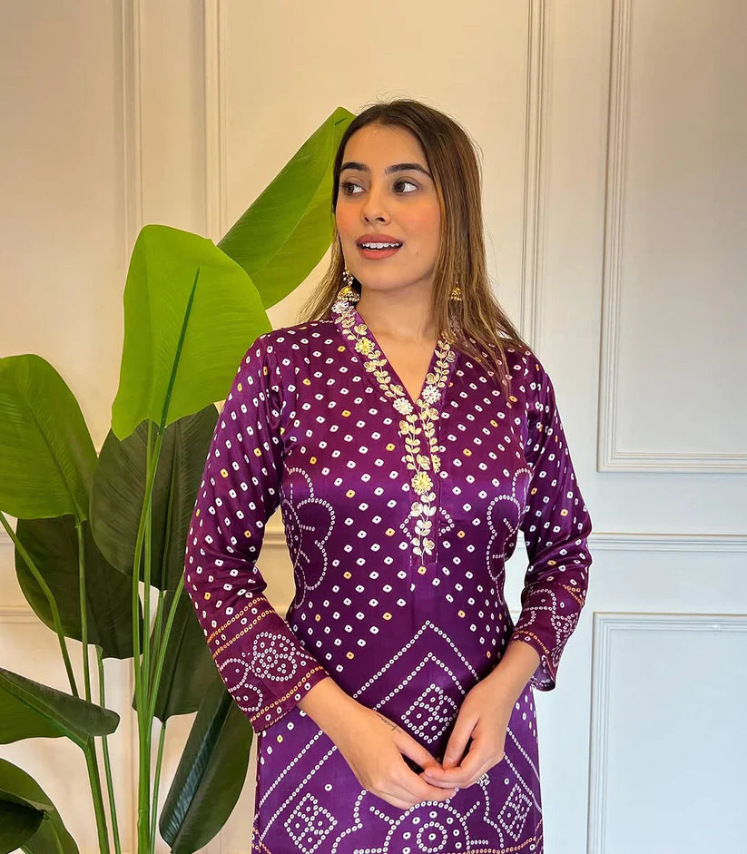 Purple  Bandhani Print Embroidered Suit Set