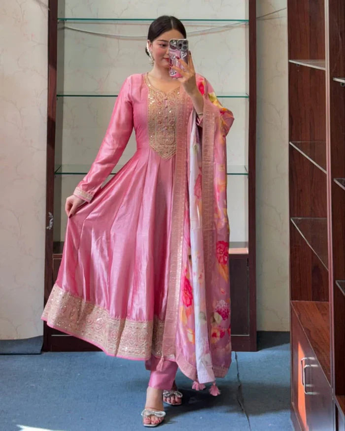 Peach Color Silk Heavy Embroidery Salwar Suit