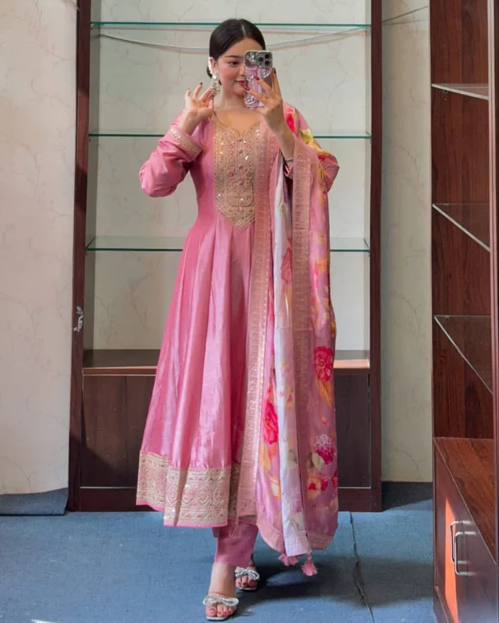 Peach Color Silk Heavy Embroidery Salwar Suit