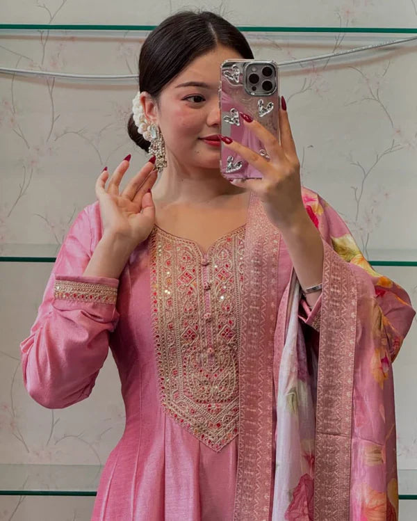 Peach Color Silk Heavy Embroidery Salwar Suit