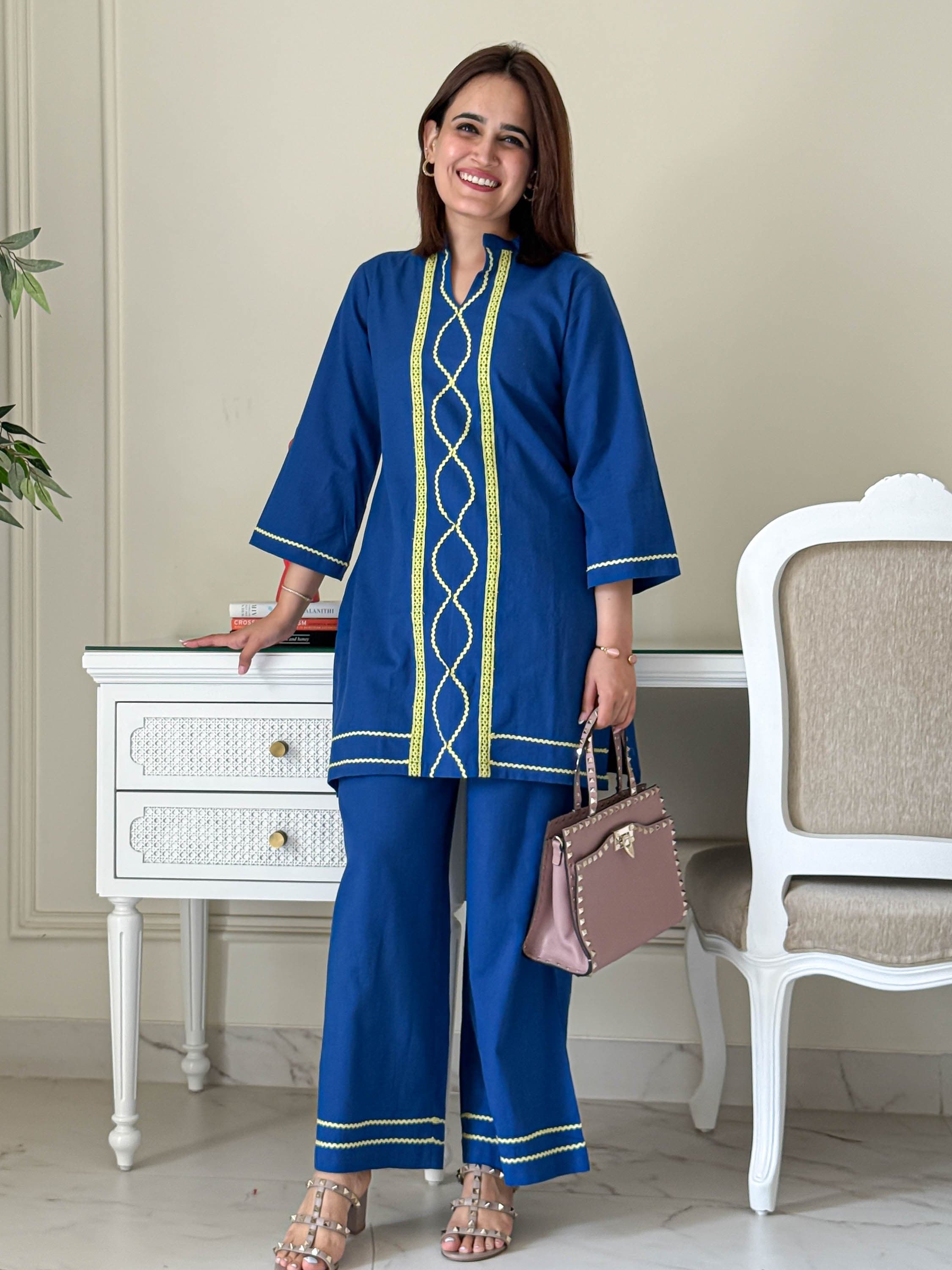 Blue Cotton Embroidered Co-Ord Set