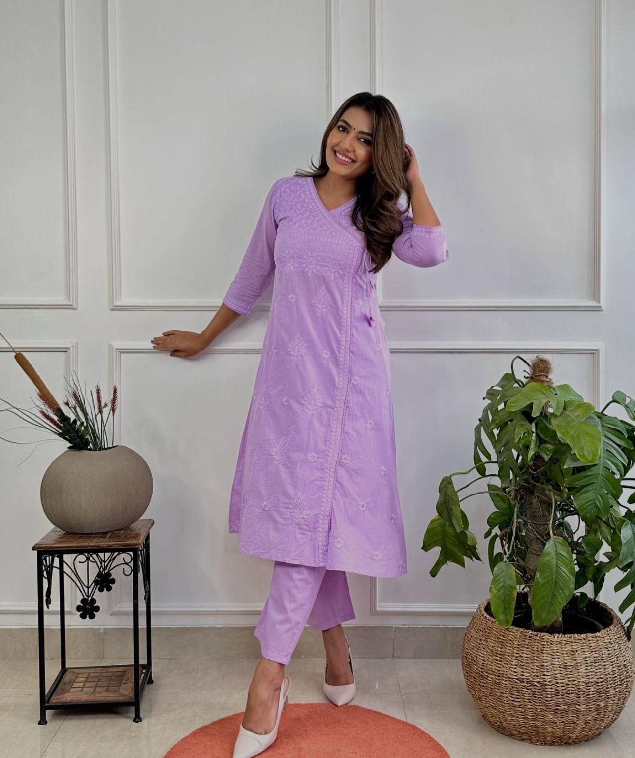 Women Ethnic Motifs Embroidered Angrakha Chikankari Pure Cotton Kurta with Trousers