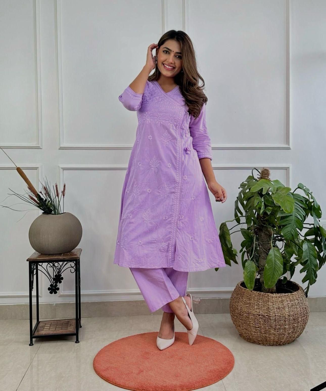 Women Ethnic Motifs Embroidered Angrakha Chikankari Pure Cotton Kurta with Trousers