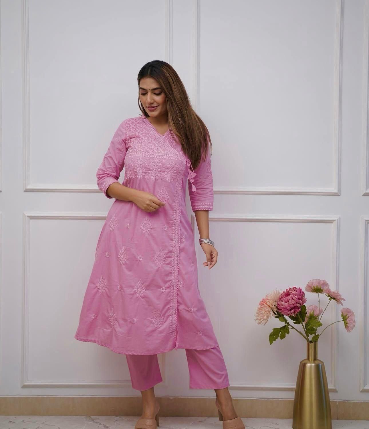 Women Ethnic Motifs Embroidered Angrakha Chikankari Pure Cotton Kurta with Trousers