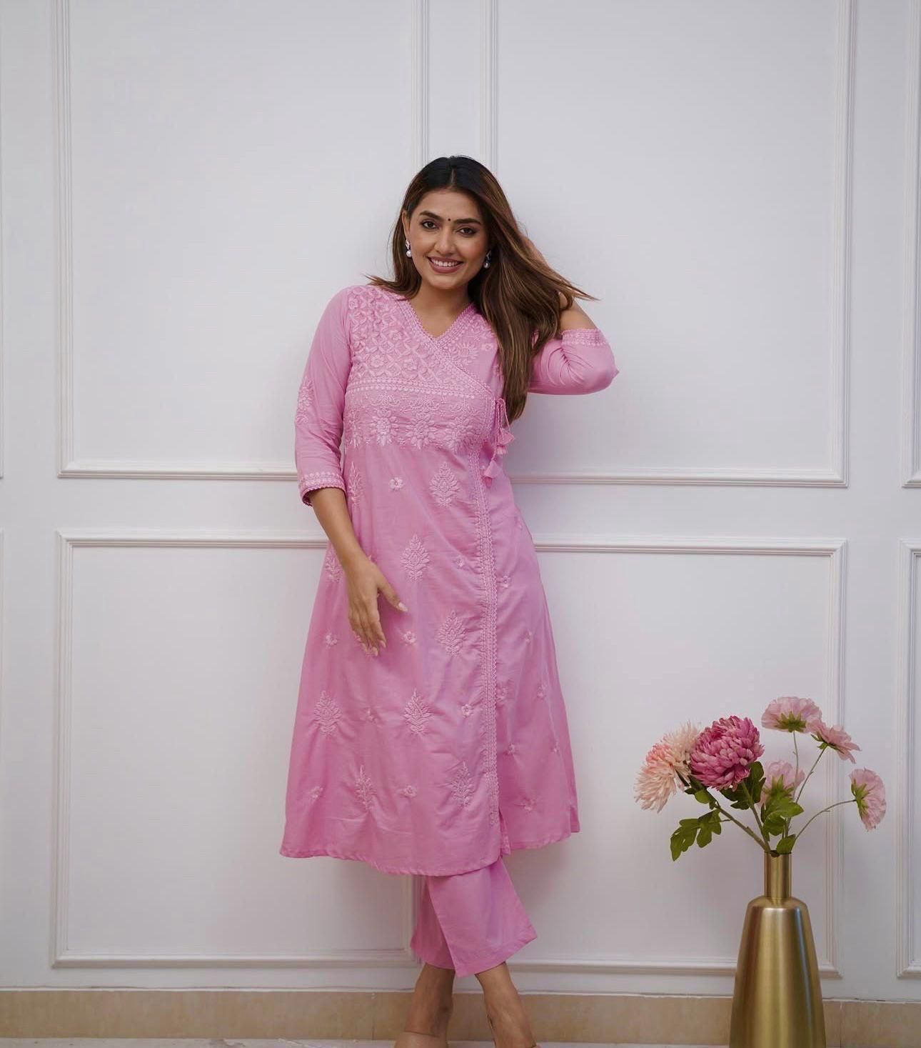 Women Ethnic Motifs Embroidered Angrakha Chikankari Pure Cotton Kurta with Trousers