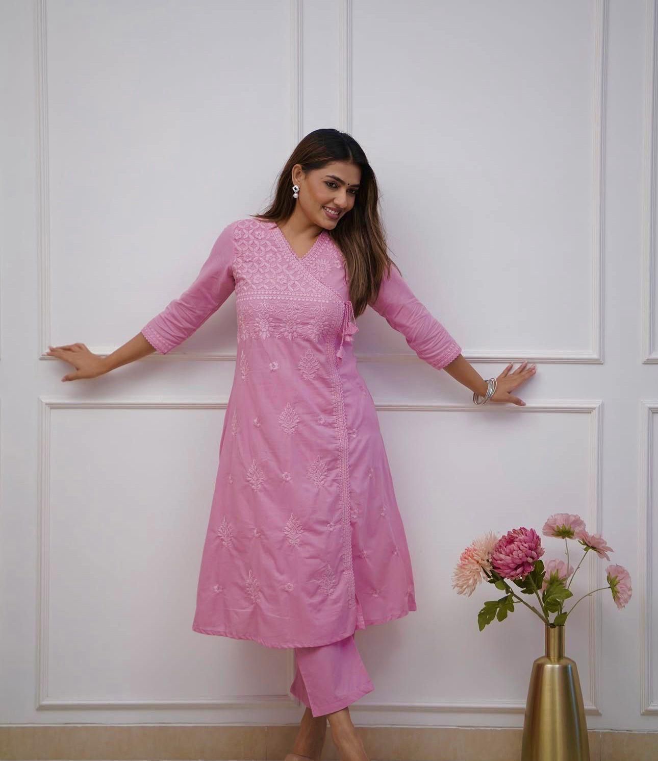 Women Ethnic Motifs Embroidered Angrakha Chikankari Pure Cotton Kurta with Trousers