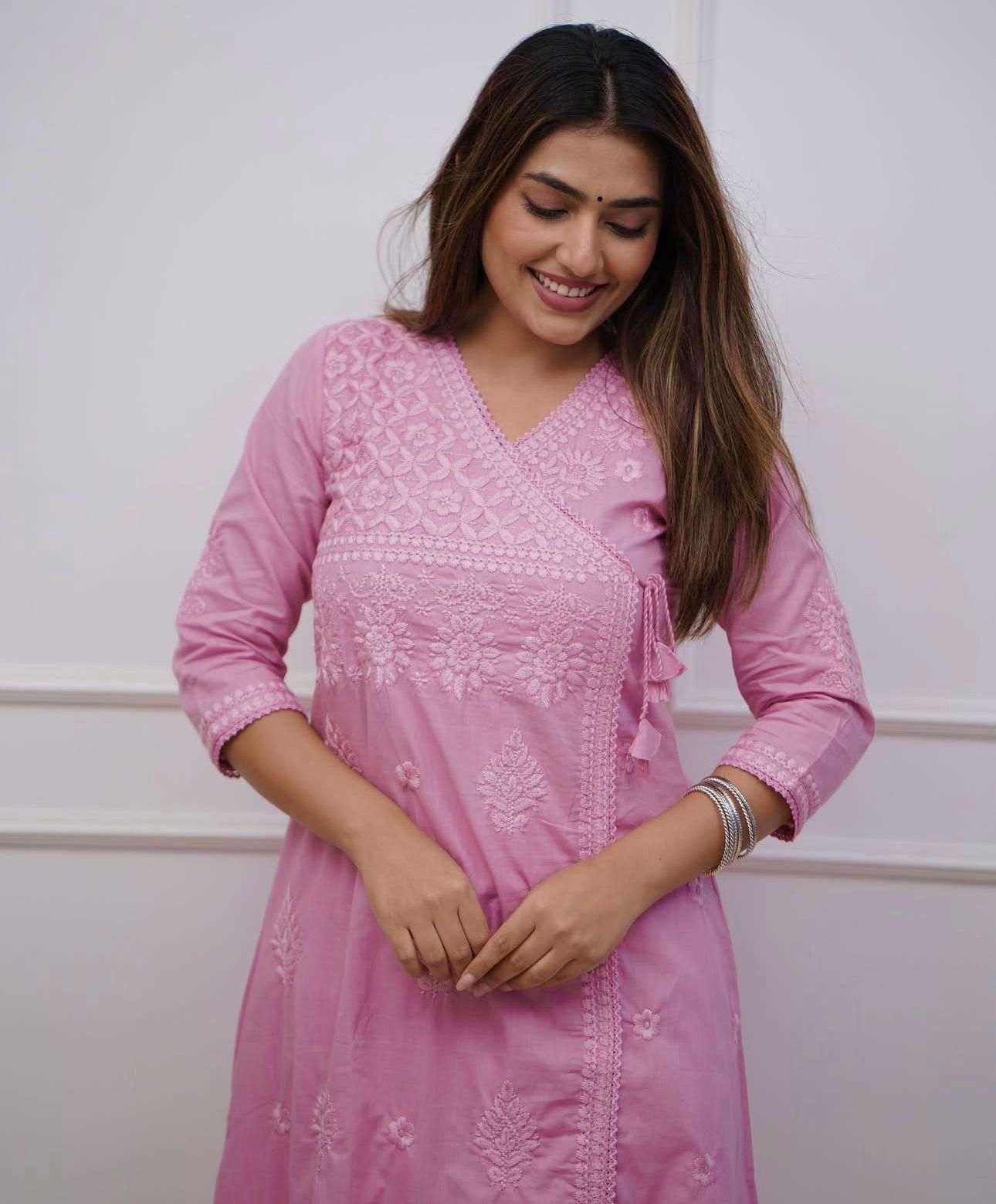 Women Ethnic Motifs Embroidered Angrakha Chikankari Pure Cotton Kurta with Trousers