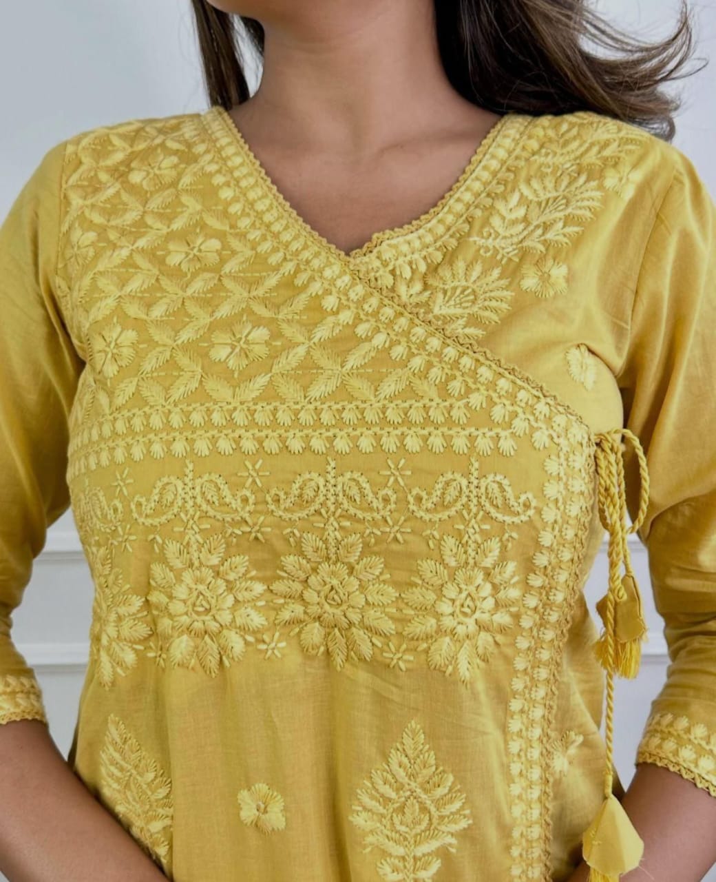 Women Ethnic Motifs Embroidered Angrakha Chikankari Pure Cotton Kurta with Trousers