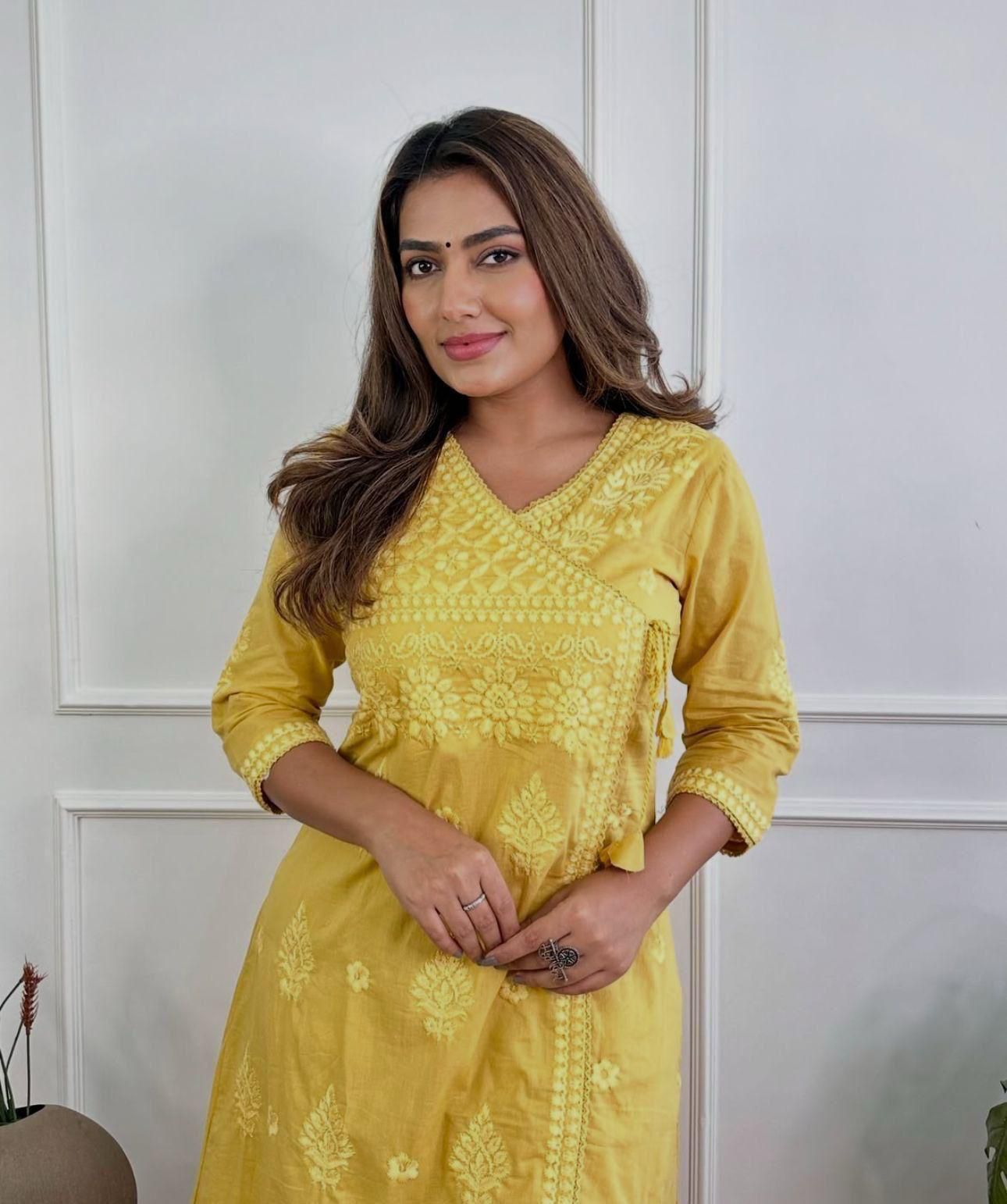 Women Ethnic Motifs Embroidered Angrakha Chikankari Pure Cotton Kurta with Trousers