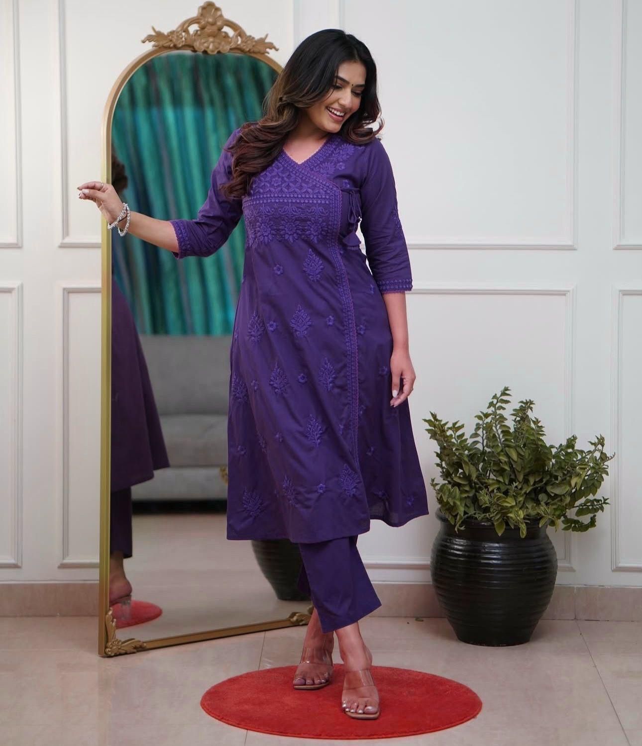 Women Ethnic Motifs Embroidered Angrakha Chikankari Pure Cotton Kurta with Trousers
