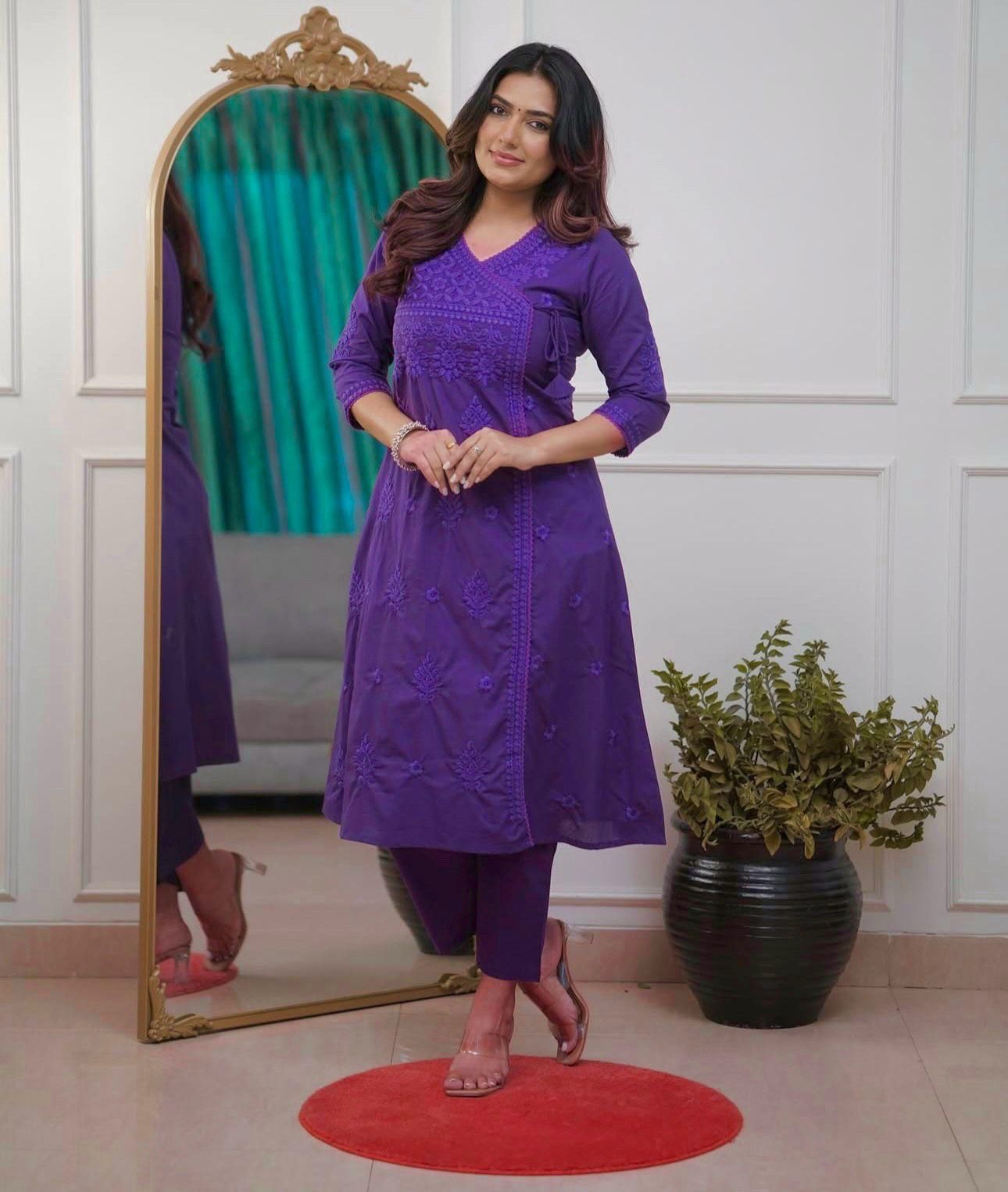 Women Ethnic Motifs Embroidered Angrakha Chikankari Pure Cotton Kurta with Trousers