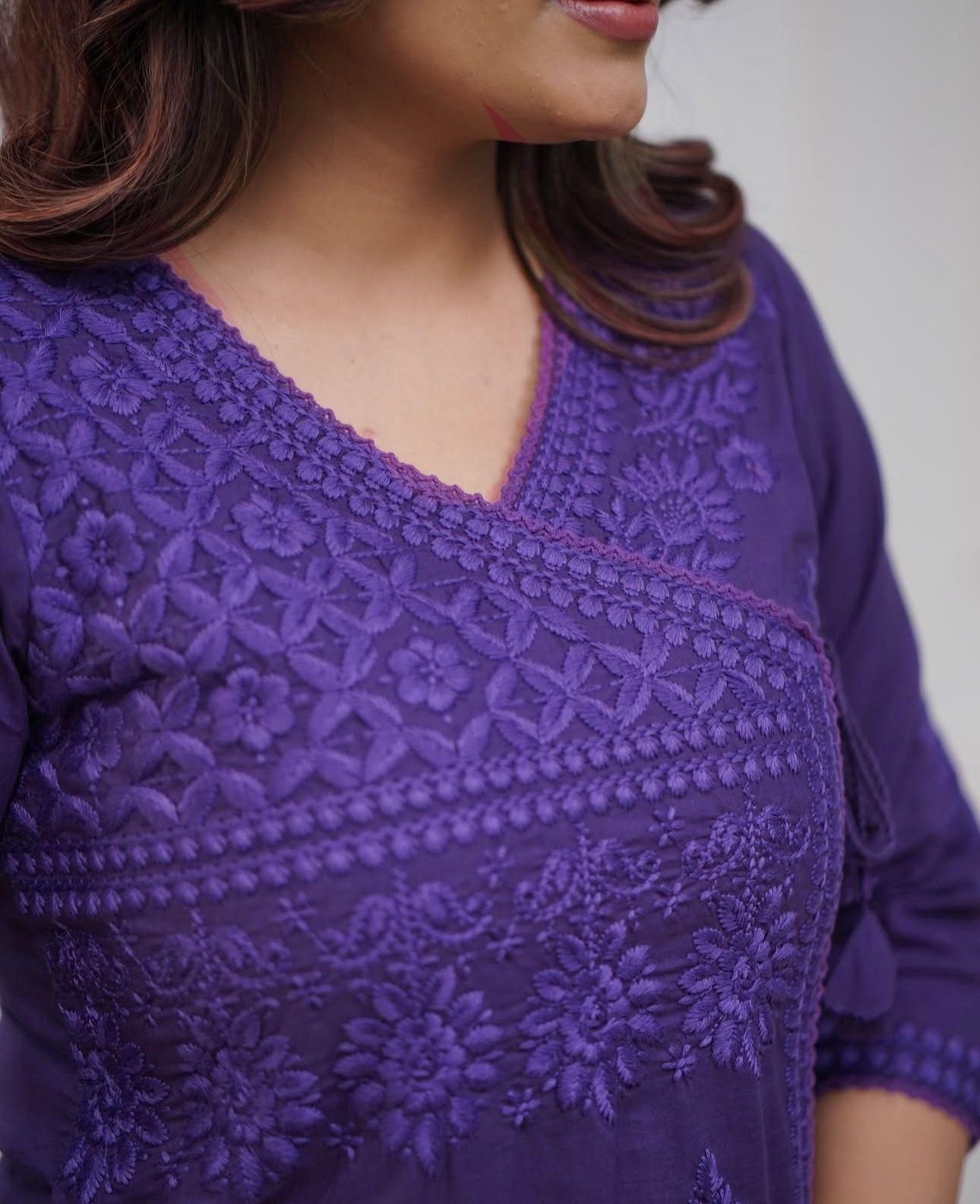 Women Ethnic Motifs Embroidered Angrakha Chikankari Pure Cotton Kurta with Trousers