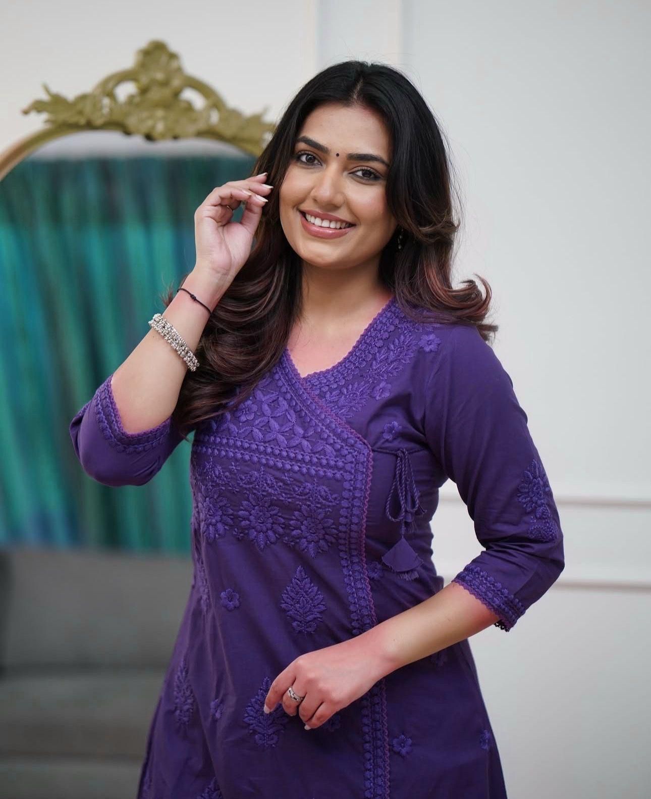 Women Ethnic Motifs Embroidered Angrakha Chikankari Pure Cotton Kurta with Trousers