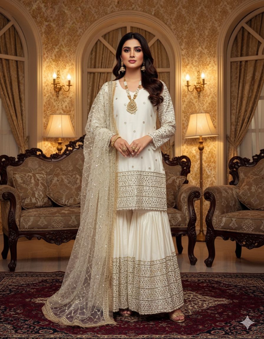 The White Satin Silk Sharara Set