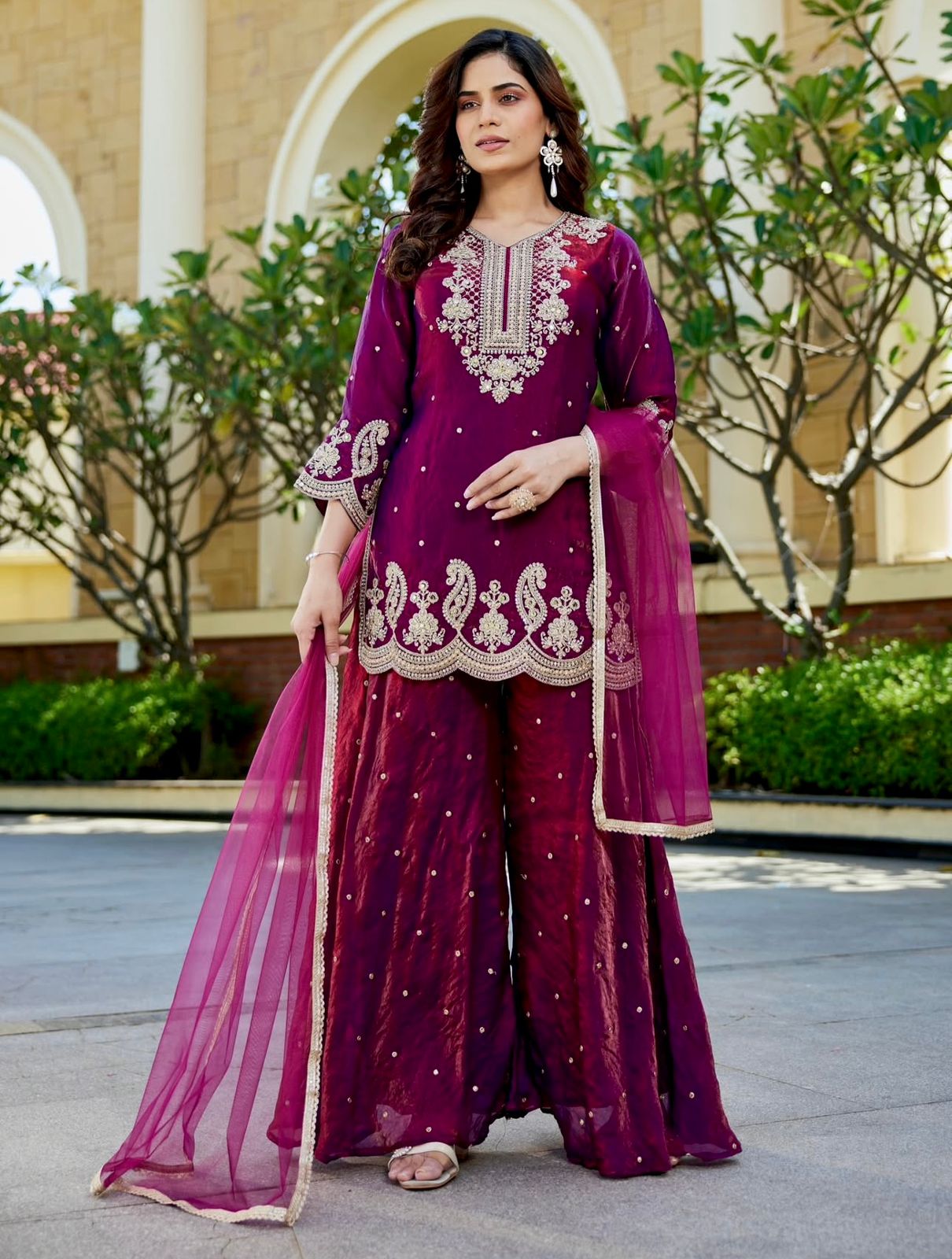 SILK WITH EMBROIDERY DESIGNER WORK TOP SHARARA AND DUPATTA SET