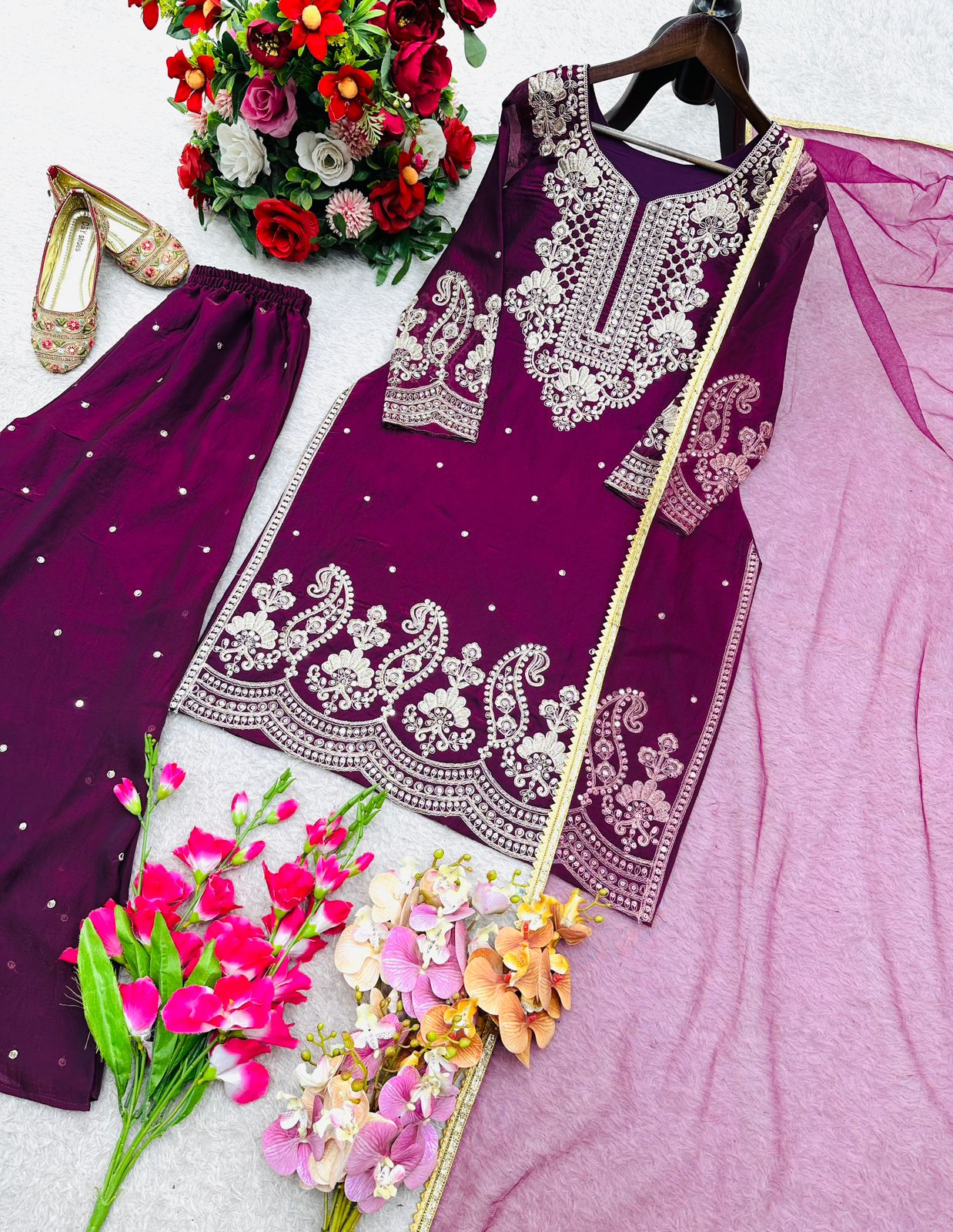 SILK WITH EMBROIDERY DESIGNER WORK TOP SHARARA AND DUPATTA SET