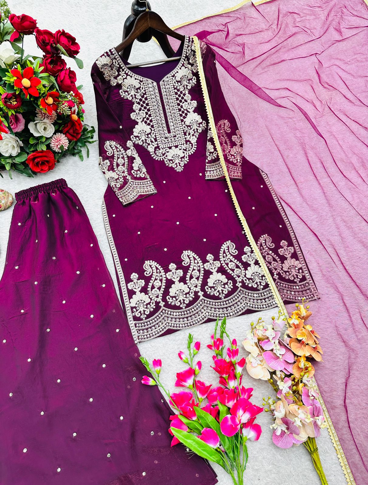SILK WITH EMBROIDERY DESIGNER WORK TOP SHARARA AND DUPATTA SET