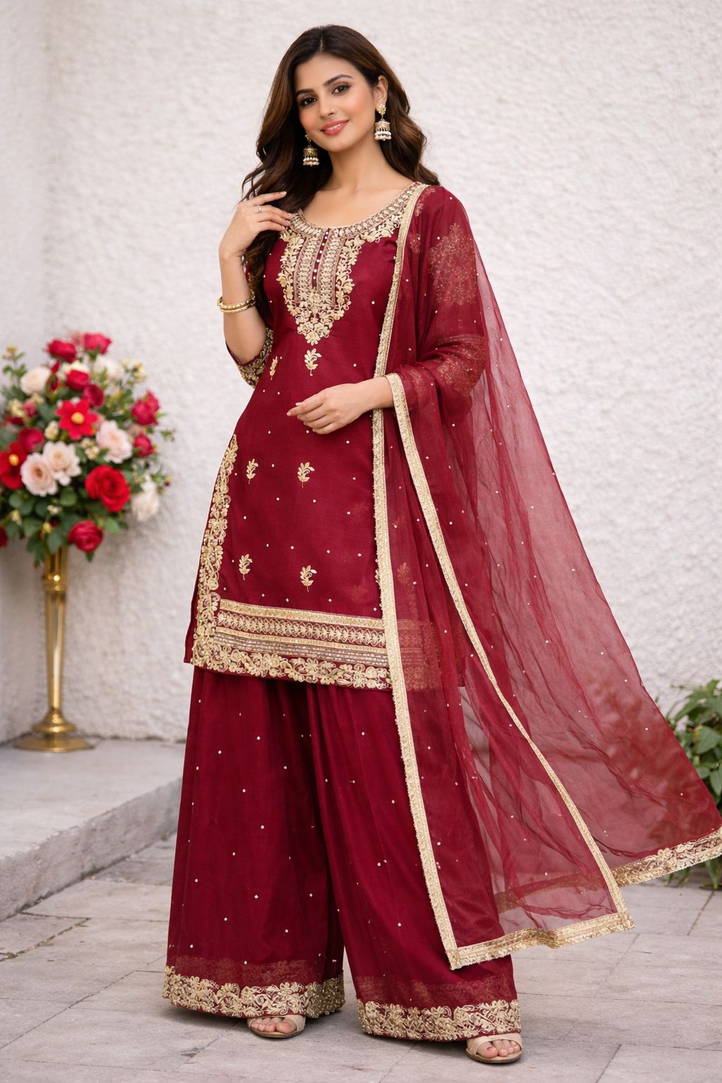 New Đěsigner Party Wear Look Pur Gmy Silk Top Plazzo & Dupatta Set