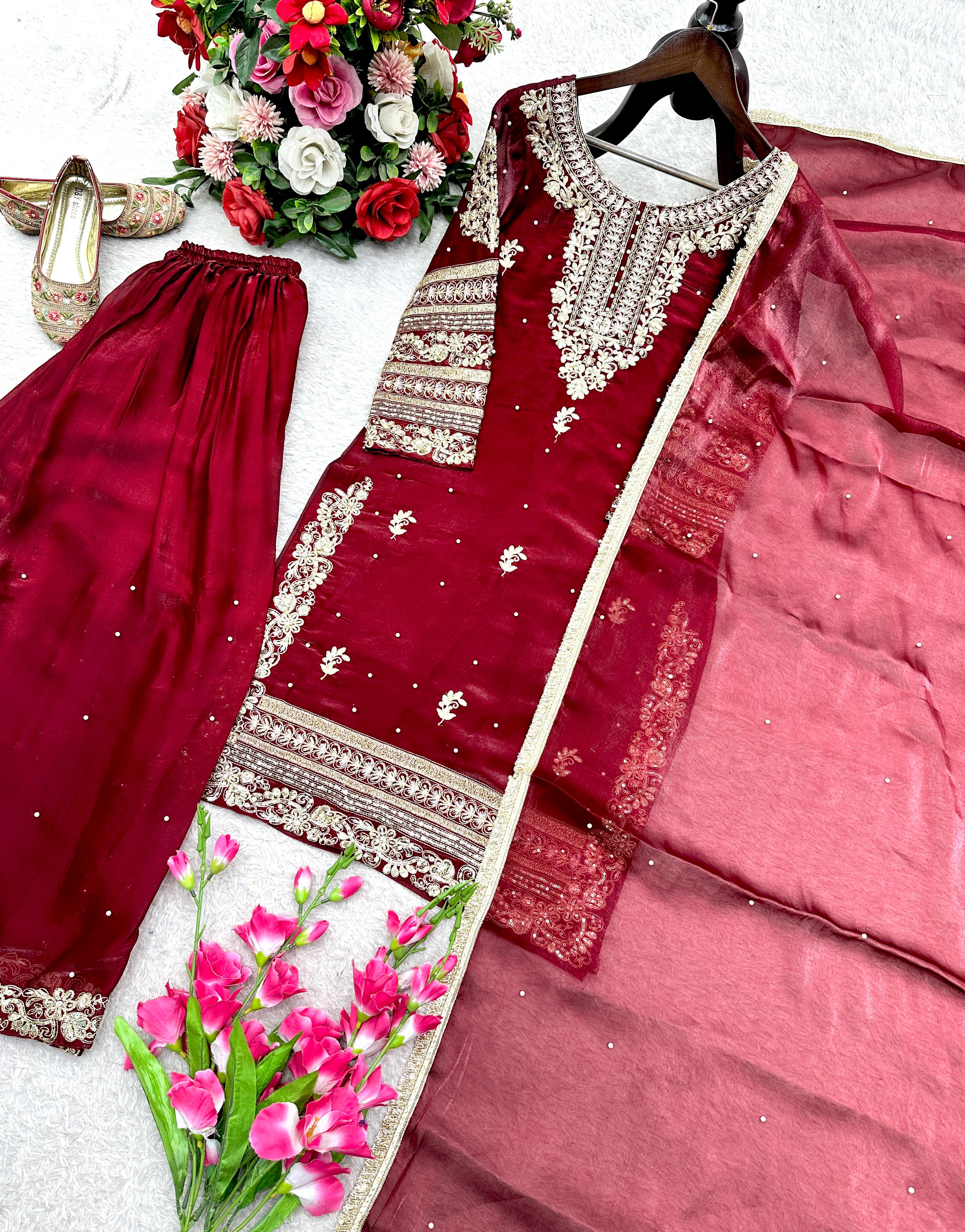 New Đěsigner Party Wear Look Pur Gmy Silk Top Plazzo & Dupatta Set