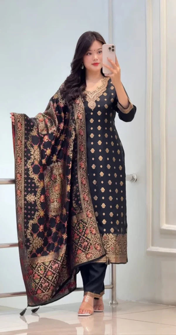 Black Banarasi Silk Blend Embroidered Kurta Pant Set with Dupatta for Women
