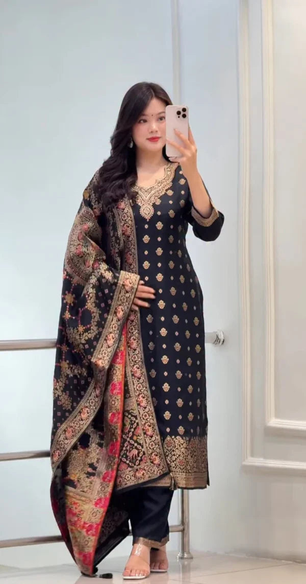 Black Banarasi Silk Blend Embroidered Kurta Pant Set with Dupatta for Women