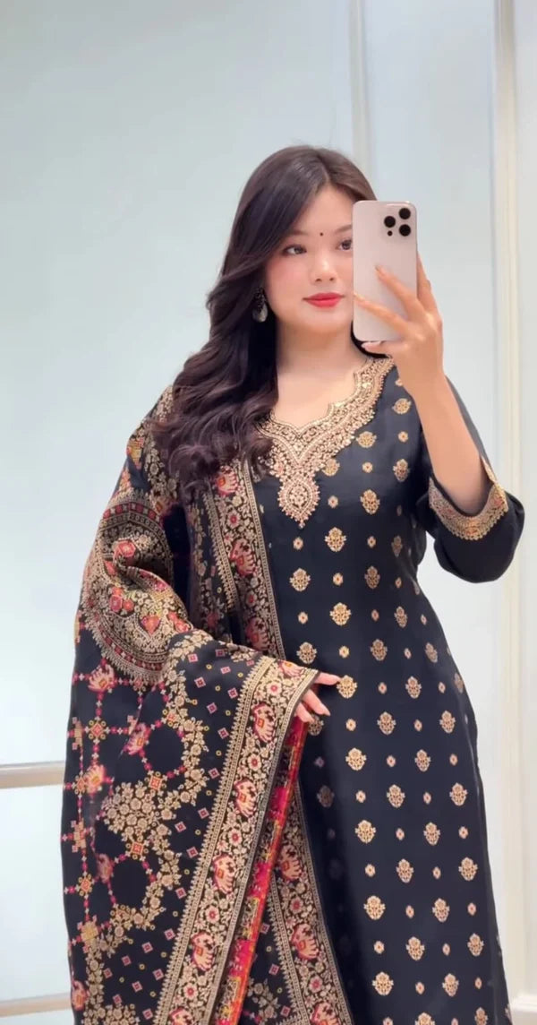 Black Banarasi Silk Blend Embroidered Kurta Pant Set with Dupatta for Women