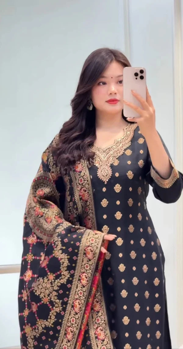 Black Banarasi Silk Blend Embroidered Kurta Pant Set with Dupatta for Women