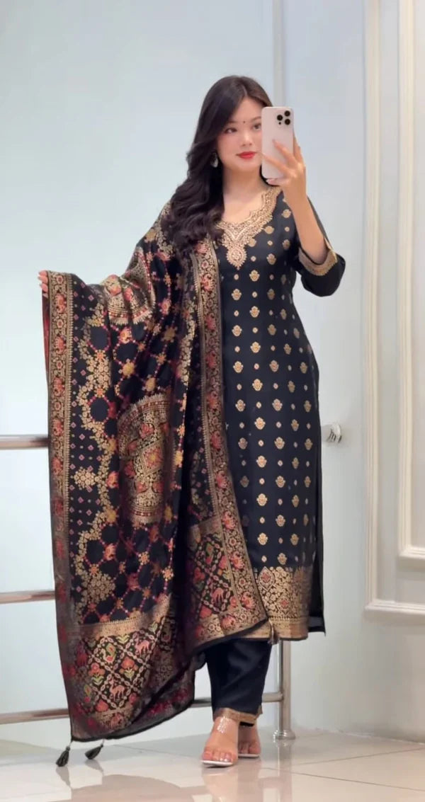 Black Banarasi Silk Blend Embroidered Kurta Pant Set with Dupatta for Women