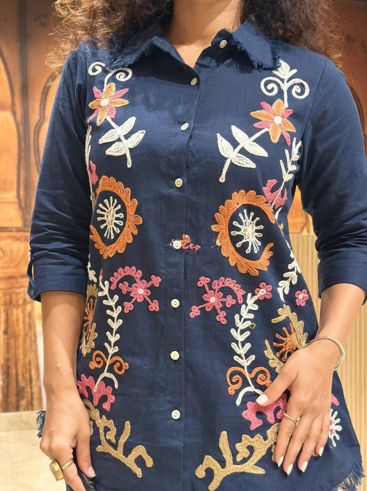 Blue Cotton Embroidered Co-Ord Set