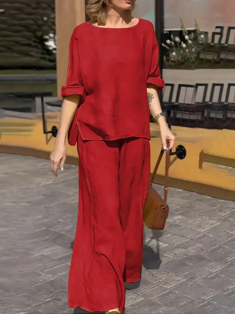 Women Round Neck Long Sleeve Side Pocket High Waist Wide Leg Trousers Set